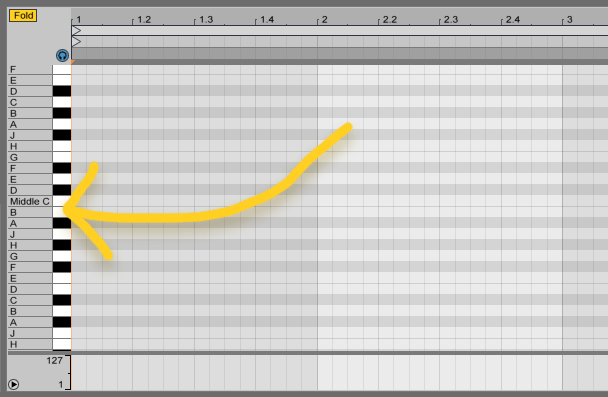 Ableton Live piano roll with a custom 9-note scale mapping