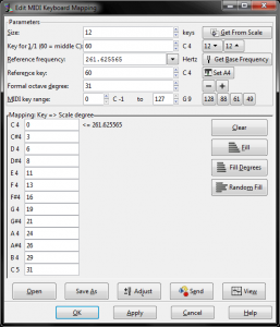 Scala keyboard mapping dialog for 12-note mode of 31 equal temperament