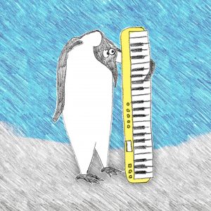 Illustration of a penguin holding a microtonal keyboard with longing expression